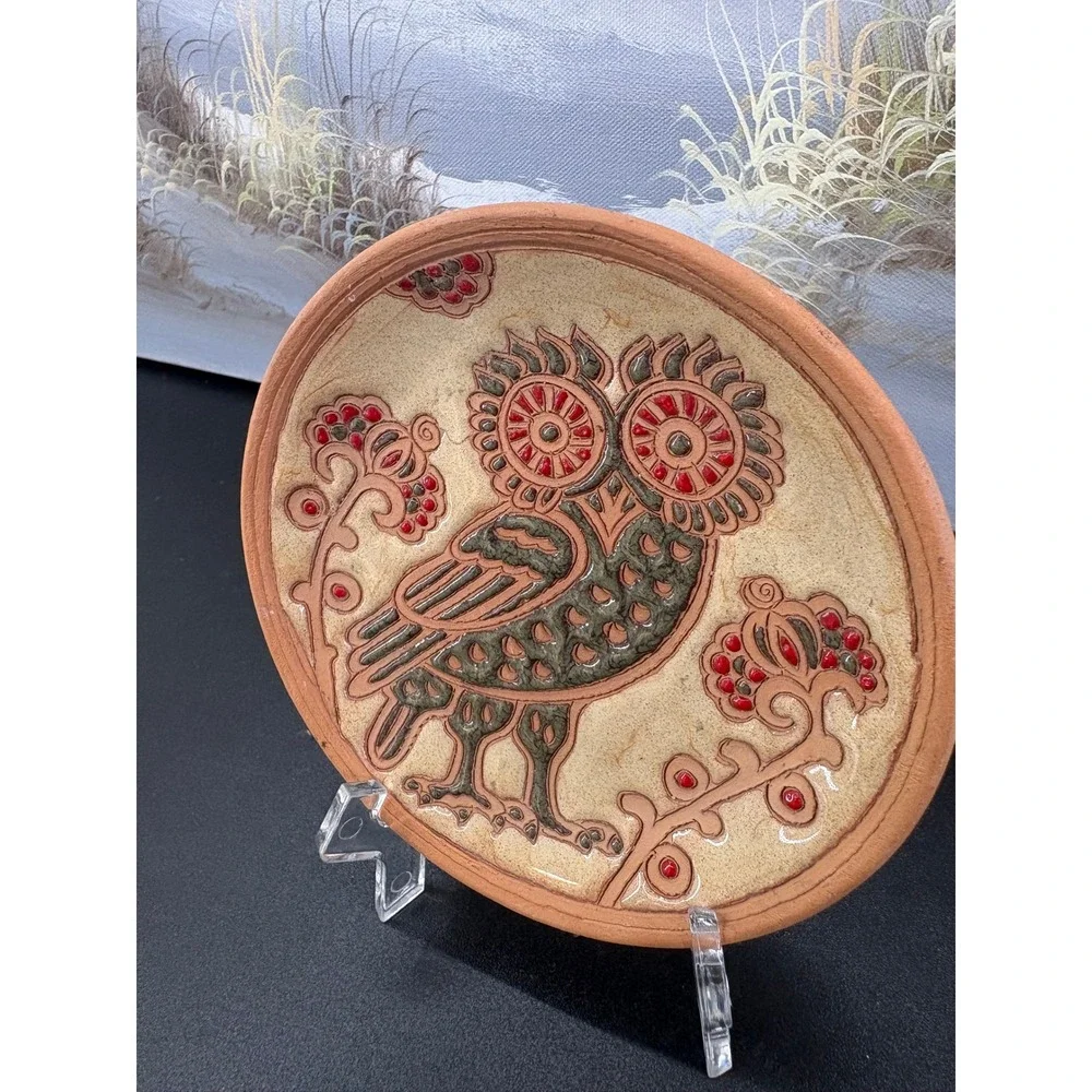 Bonis Rhodes Greece Handmade Pottery Owl Plate Terracotta Folk Art 1999 4.75in